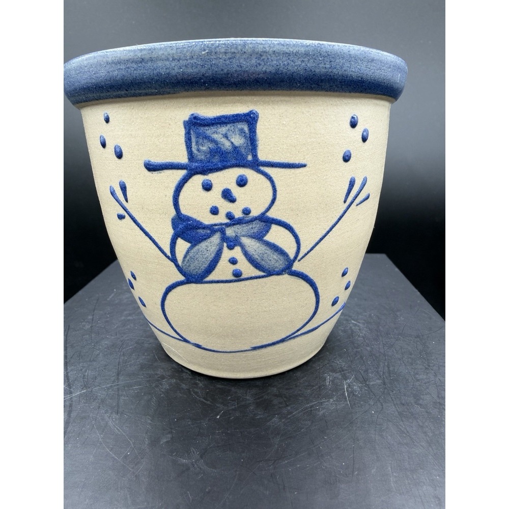 ⛄💙 Beaumont Brothers Pottery Crock – Salt Glaze – Cobalt Blue Snowman-Planter